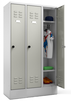 Schulschrank auf Sockel mit 3 Türen, Hutboden + Kleiderstange inkl. 3 Kleiderhaken, Schuhfach